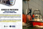 Comunicado oficial da Marinha do Brasil ao lado de imagem realista que mostra o embarque de um prático em navio de grande porte.