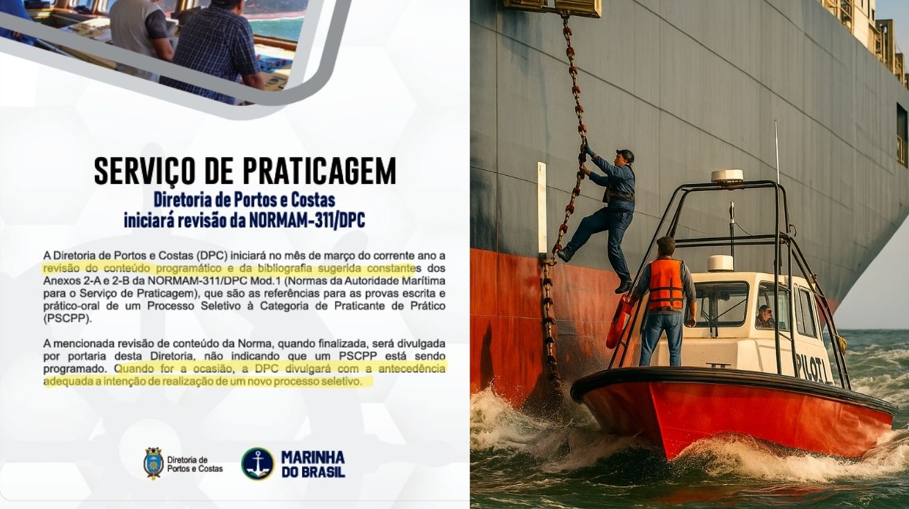 Comunicado oficial da Marinha do Brasil ao lado de imagem realista que mostra o embarque de um prático em navio de grande porte.