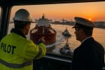 Prático de navio orienta manobra de entrada no porto ao lado do comandante, com rebocadores e infraestrutura portuária ao fundo.