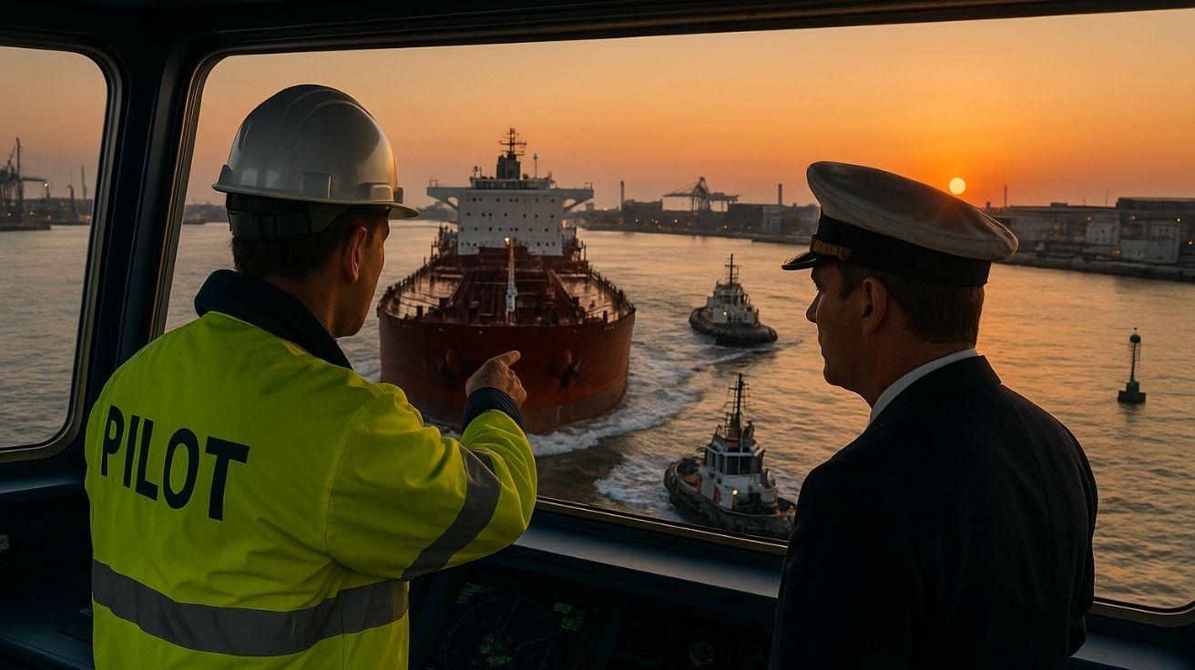 Prático de navio orienta manobra de entrada no porto ao lado do comandante, com rebocadores e infraestrutura portuária ao fundo.